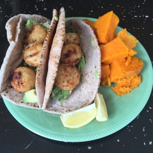 Crabless-cakes with Sweet potatoes and avocado on Naan rounds